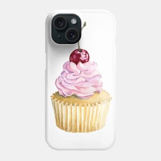 Pink watercolor cupcake with cherry Phone Case