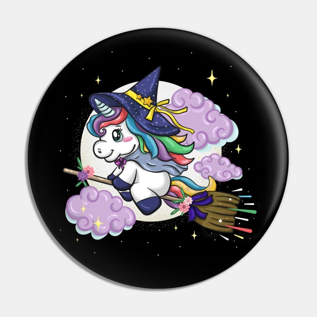 Cute Magical Witch Unicorn Halloween Pin by HamilcArt