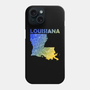 Colorful mandala art map of Louisiana with text in blue and yellow Phone Case