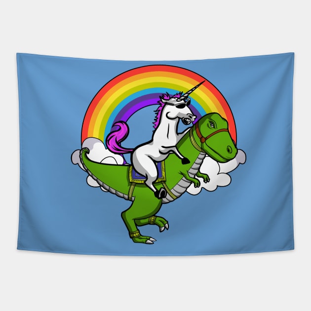 Unicorn Riding T-Rex Dinosaur Tapestry by underheaven