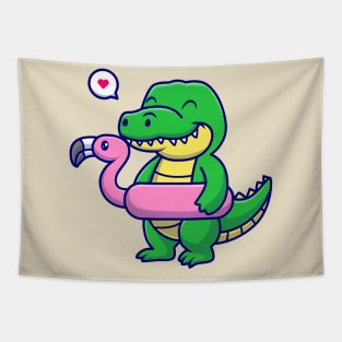 Cute Crocodile With Flamingo Swimming Tires Cartoon Tapestry