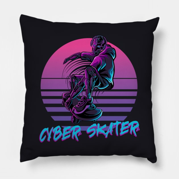 Cyber Skater retro Skating Robot Pillow by Foxxy Merch