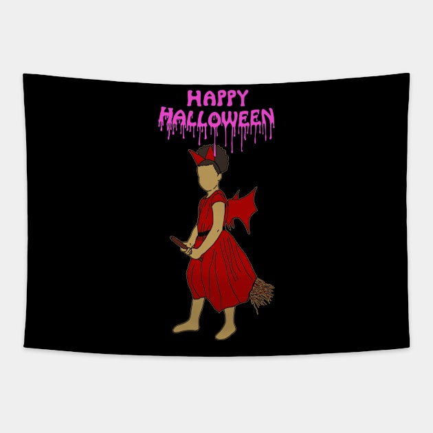 Happy halloween witch on broom pink Tapestry by DigillusionStudio