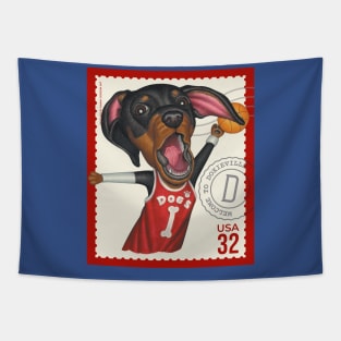 Funny doxie with basketball going for slam dunk Tapestry