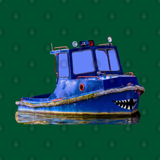 A Blue boat with shark jaws painted on its bow by dalyndigaital2@gmail.com