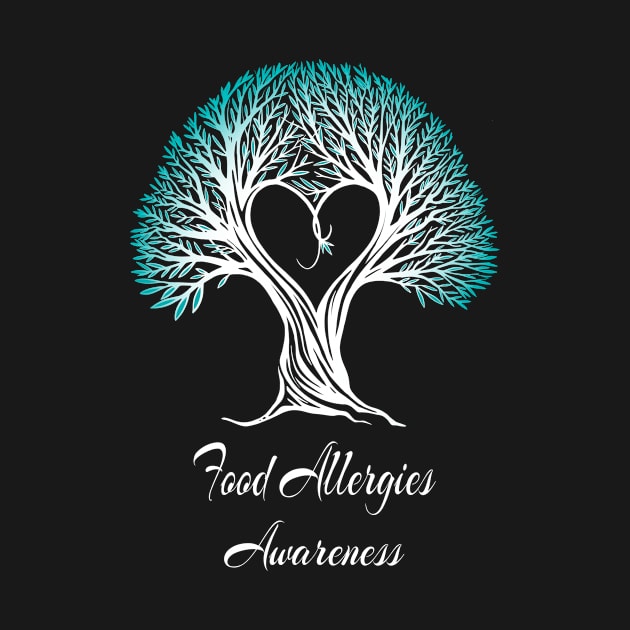 Food Allergies Awareness Teal Ribbon Tree With Heart by MerchAndrey