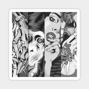 Dope four panels of animal human skulls and robots ink-prncil black-and-white illustration Magnet