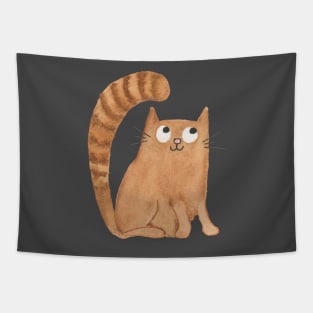 CUTE CAT WATERCOLOR DESIGN - Orange Cat with Striped Tail Painting Tapestry