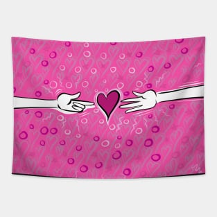 Hands touching a heart on hot pink background Tapestry