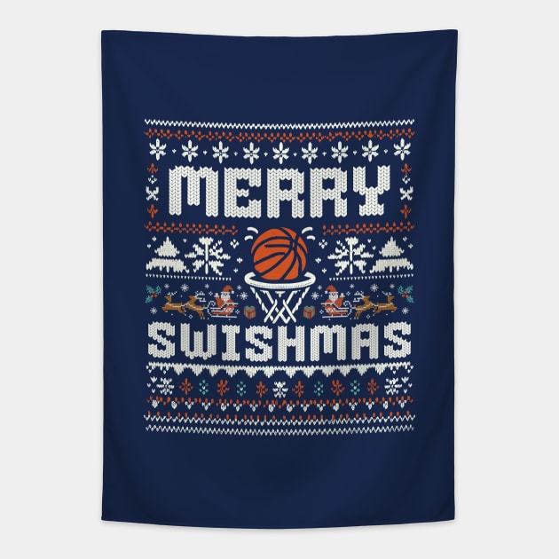 Merry Swishmas - Funny Christmas Basketball Swish Ugly Sweater Tapestry by Lunatic Bear