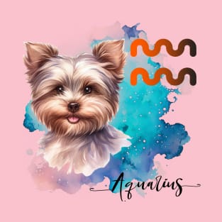 Aquarius  Zodiac Sign Cute Yorkie Watercolor Art T-Shirt