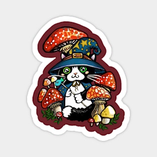 Adorable and Mystical Kitty Cat Wizard Sitting in some Mushrooms Magnet