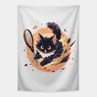 Energetic fluffy cat playing tennis (white) Tapestry