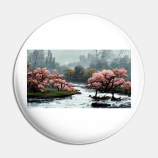 Cherry Blossom Trees by the River Oil Painting Pin