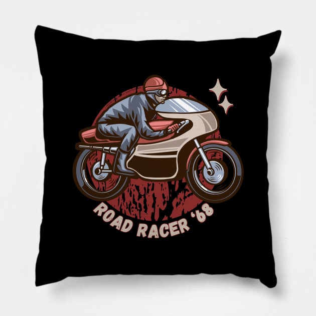 Road Racer '68 Cafe Racer Retro Motorcycle Pillow by Timeless Chaos