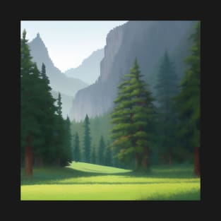 A painting of a forest with mountains in the background T-Shirt