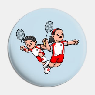 Cute Boy And Girl Playing Badminton Cartoon Pin