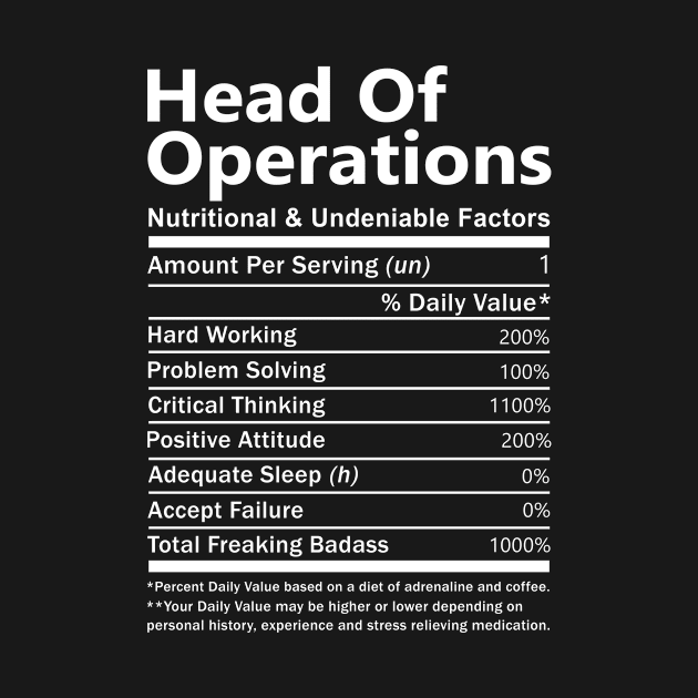 Head Of Operations T Shirt - Nutritional and Undeniable Factors Gift Item Tee by Ryalgi