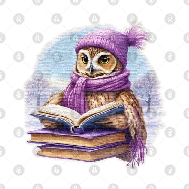 Cute owl Read A Book wearing a  purple hat and scarf by JnS Merch Store