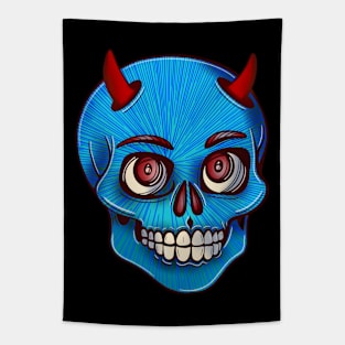 Blue striped skull with red devil’s horns Tapestry