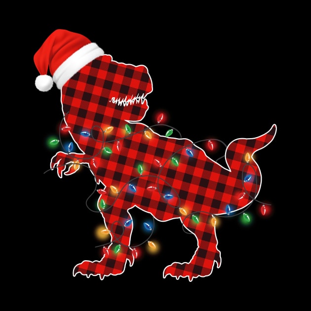 Funny Dinosaur T Rex Wearing santa hat, christmas lights and red buffalo plaid by mittievance