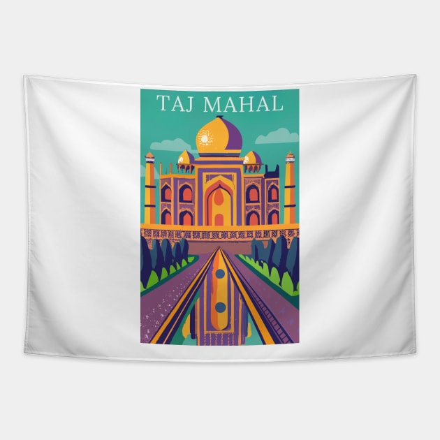 A Vintage Travel Art of the Taj Mahal in Agra - India Tapestry by goodoldvintage