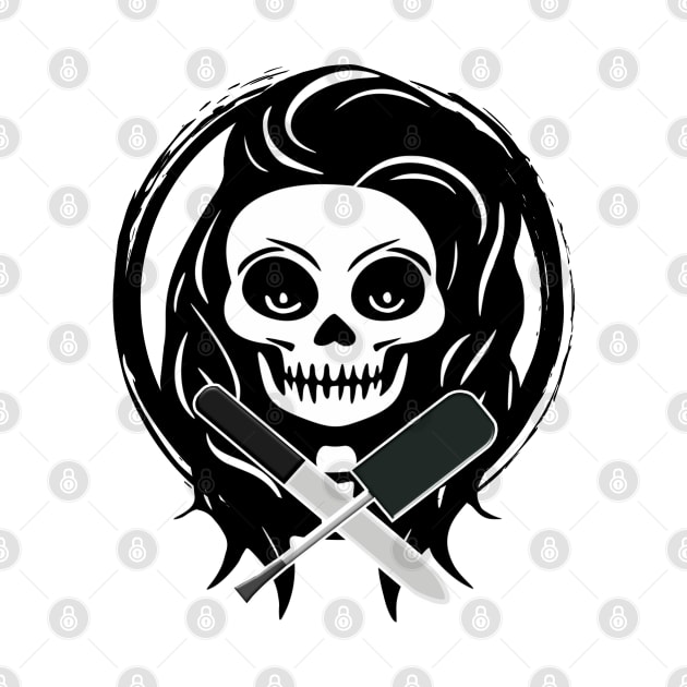 Female Nail Tech Skull and Manicurist Tools Black Logo by Nuletto