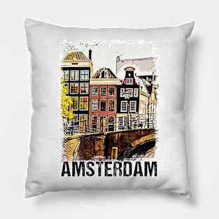 Amsterdam Netherlands Vintage Travel Poster Retro Postcard Art Style Pillow