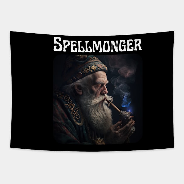 Spellmonger - after a nice day of wizardry (no text) Tapestry by AI-datamancer