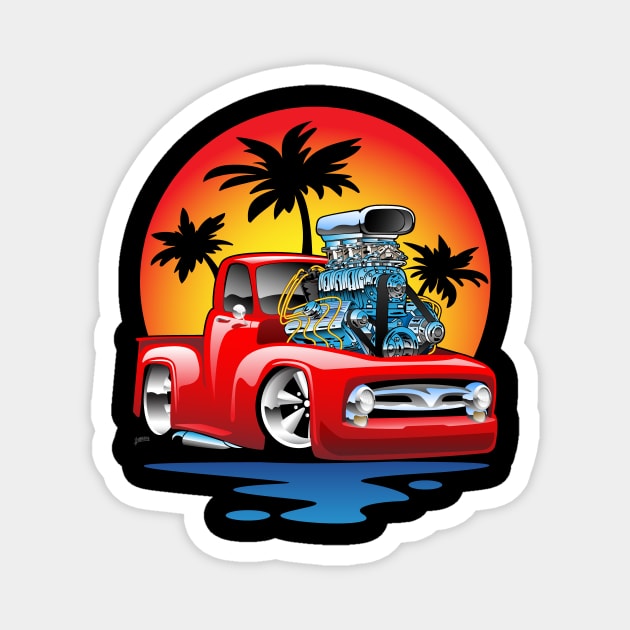 Classic American Hot Rod Pick-up Truck with Sunset Cartoon Magnet by hobrath