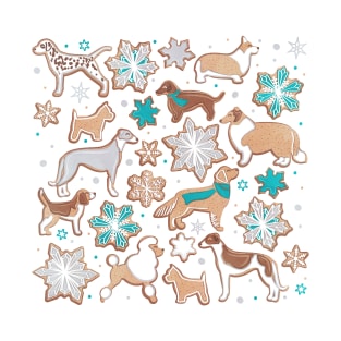 Catching ice and sweetness // spot // white background gingerbread white brown grey and dogs and snowflakes turquoise details T-Shirt