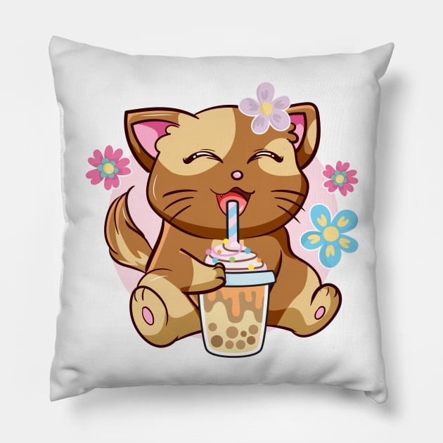 Boba Cat Tea Neko Girl Teen Bubble Kawaii Anime Japanese Pillow by jodotodesign