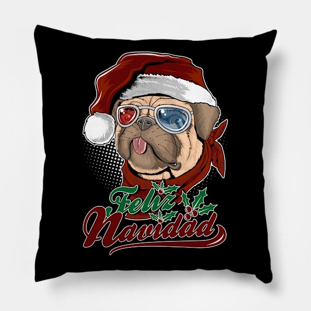 Feliz Navidad cute pug Pillow by RockabillyM