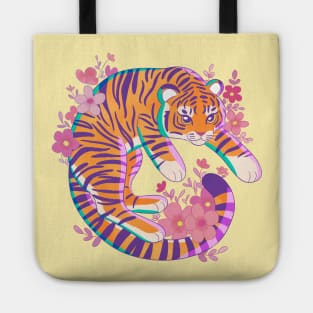 Colorful cartoon tiger with pink flowers Tote