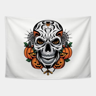 Halloween Skull with Pumpkins Tapestry