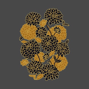 Black and gold. Zinnia Flower Pattern T-Shirt