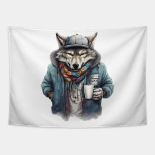 Wolf wearing a jacket holding a cup coffee Tapestry