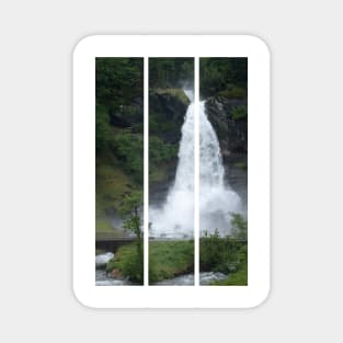 Wonderful landscapes in Norway. Vestland. Beautiful scenery of  Steinsdalsfossen waterfall from the Fosselva river. Mountains, trees in background. Rainy day (vertical) Magnet