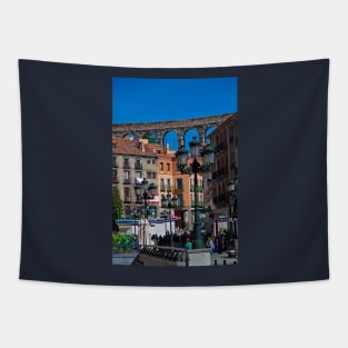 Spain. Segovia. Roman aqueduct over the town. Tapestry