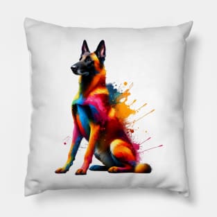 Vibrant Belgian Malinois Portrait in Colorful Splash Style Pillow