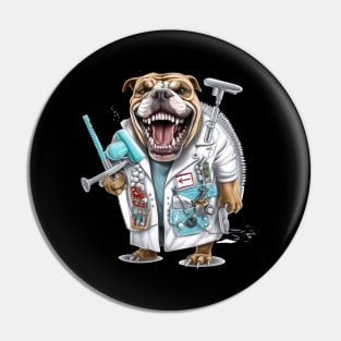 an English Bulldog wearing a dentist's coat and holding a dental drill Pin