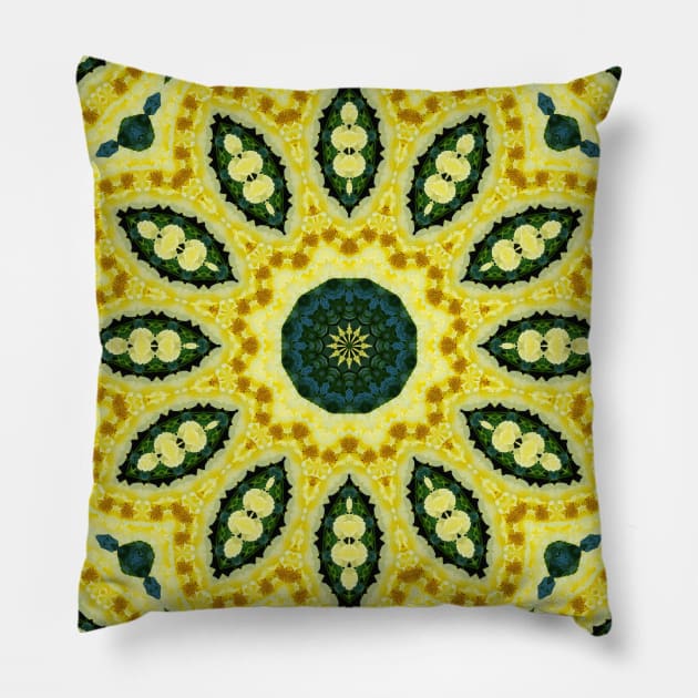 Mandala Kaleidoscope in Shades of Yellow and Green Pillow by Crystal Butterfly Creations
