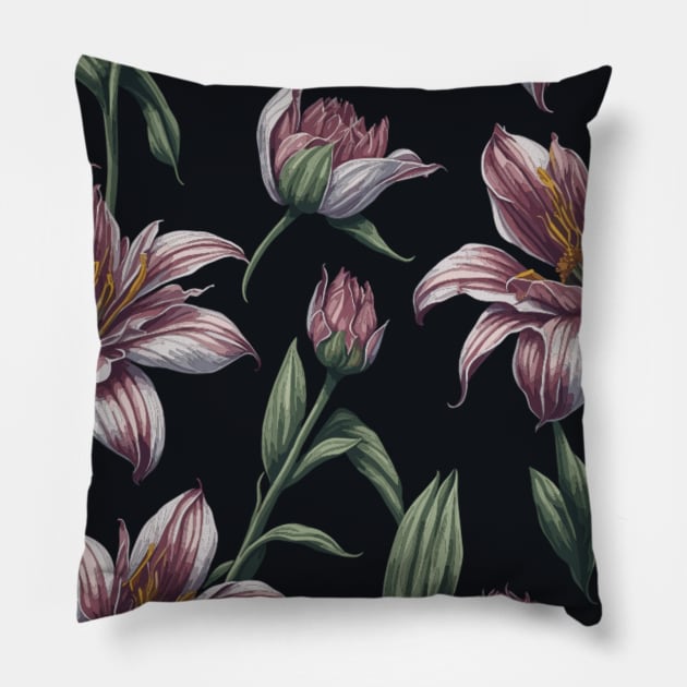 Lilies in Watercolor on Black Pillow by Siha Arts