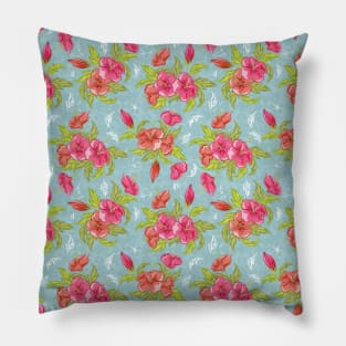 Beautiful Pink Flowers on Green Background Pillow