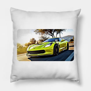 C7 Corvette Yellow Cartoon Drawing Action Print Pillow