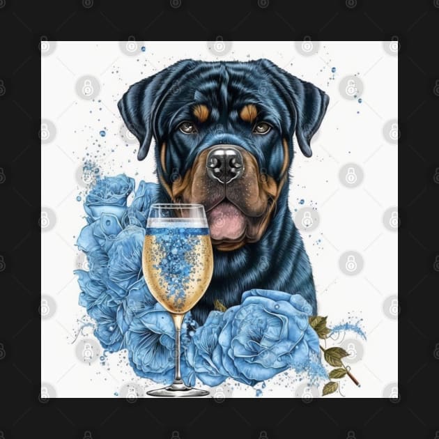 Rottweiler With Blue Roses by Enchanted Reverie