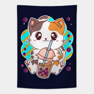 Kawaii Cat Bubble Boba Tea Manga Japanese Tapestry