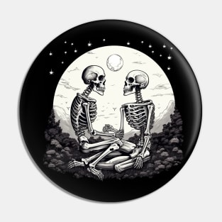 Gothic Skeleton Lovers, Eternal Love, Moon Black & White Illustration Pin