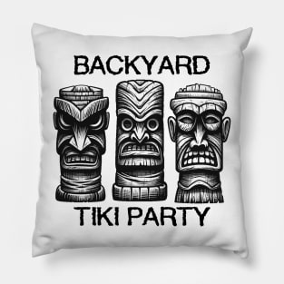 Three Tiki Statues - Backyard Tiki Party (Black Lettering) Pillow