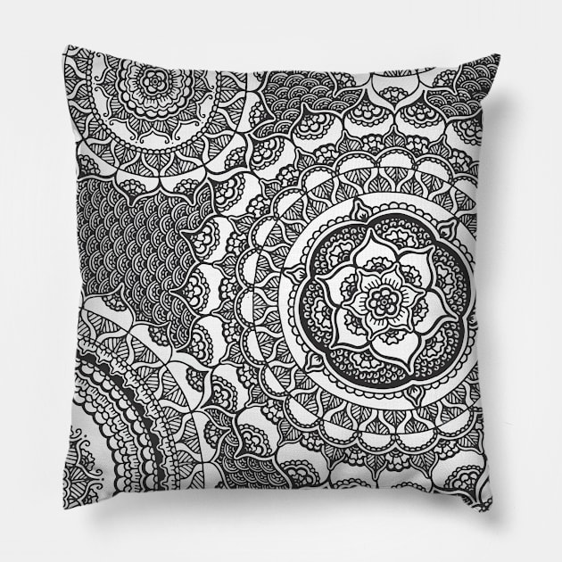 Black and White Henna Mandala Flowers Pillow by HLeslie Design